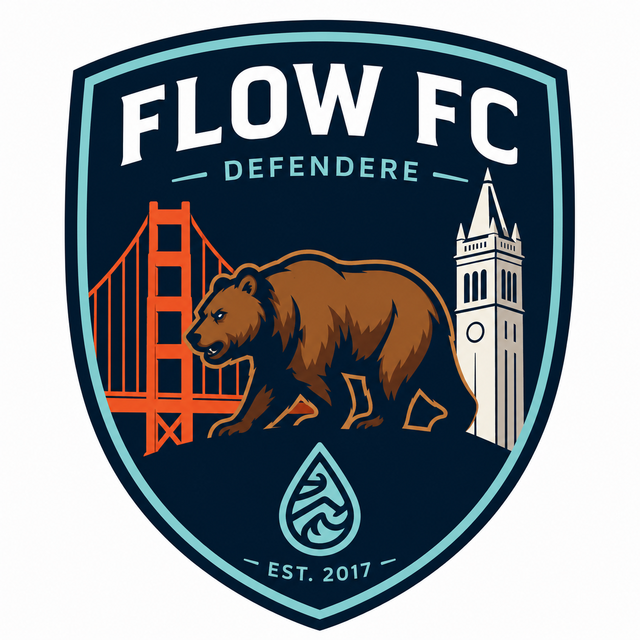 Flow FC crest featuring the Golden Gate Bridge, California bear, Campanile, and Flow Flood water mark